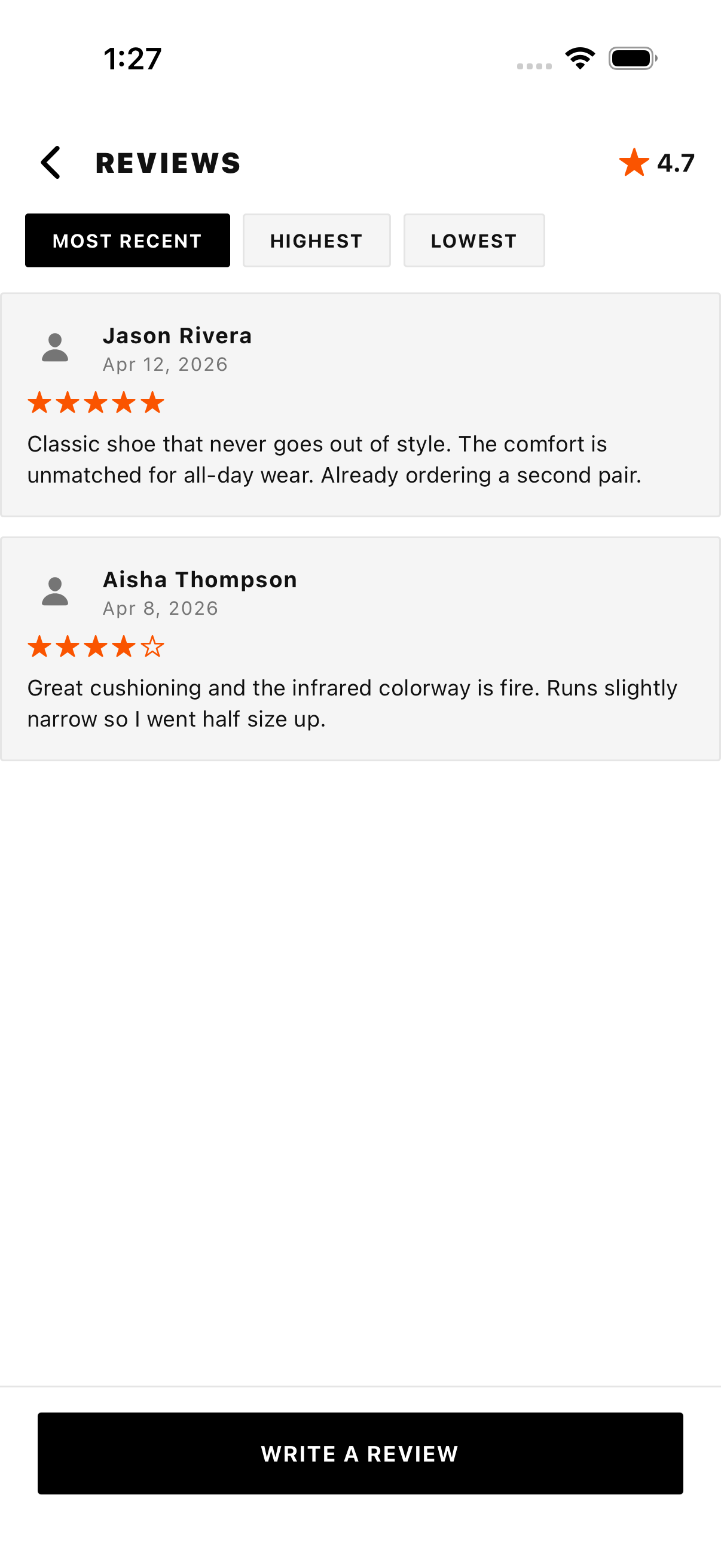 Monochrome reviews screen