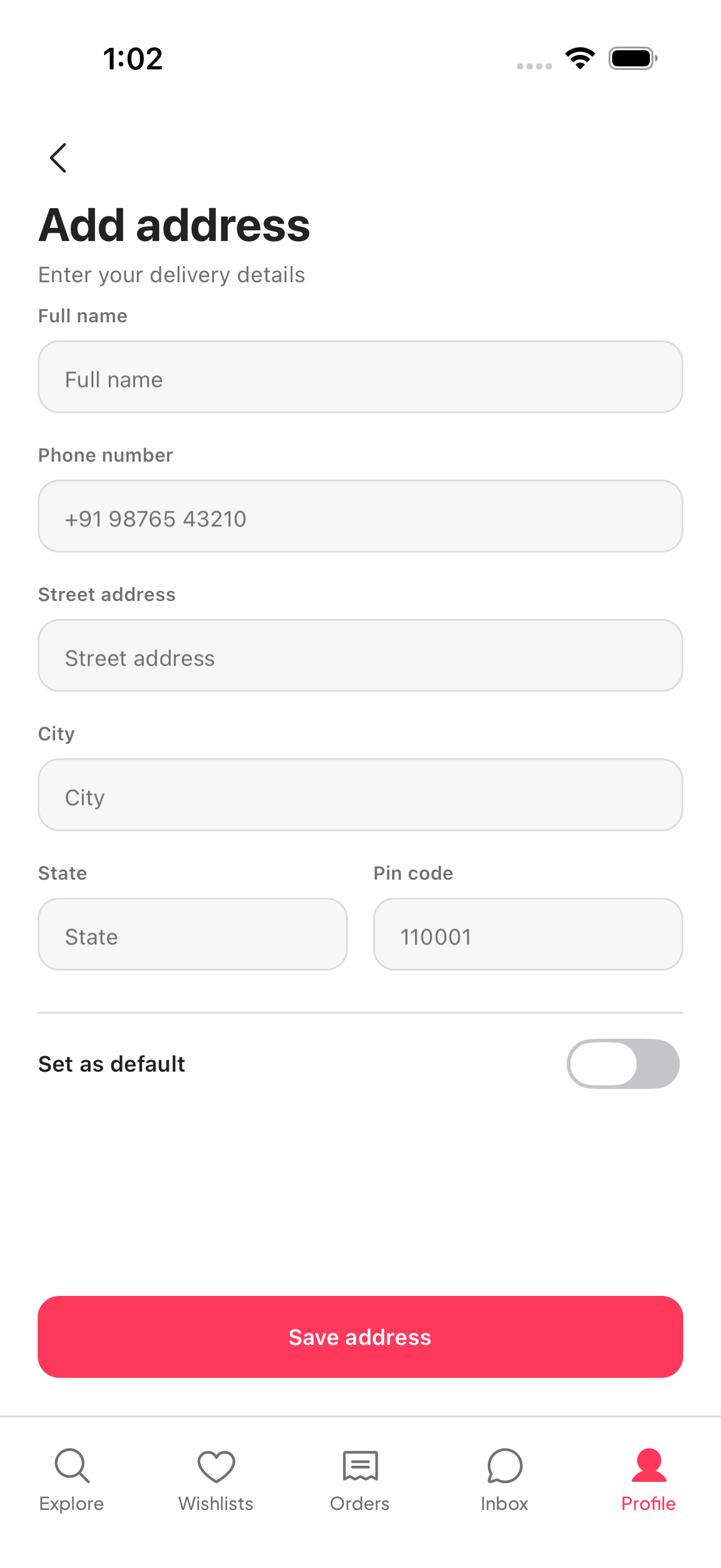 Warmth address form screen