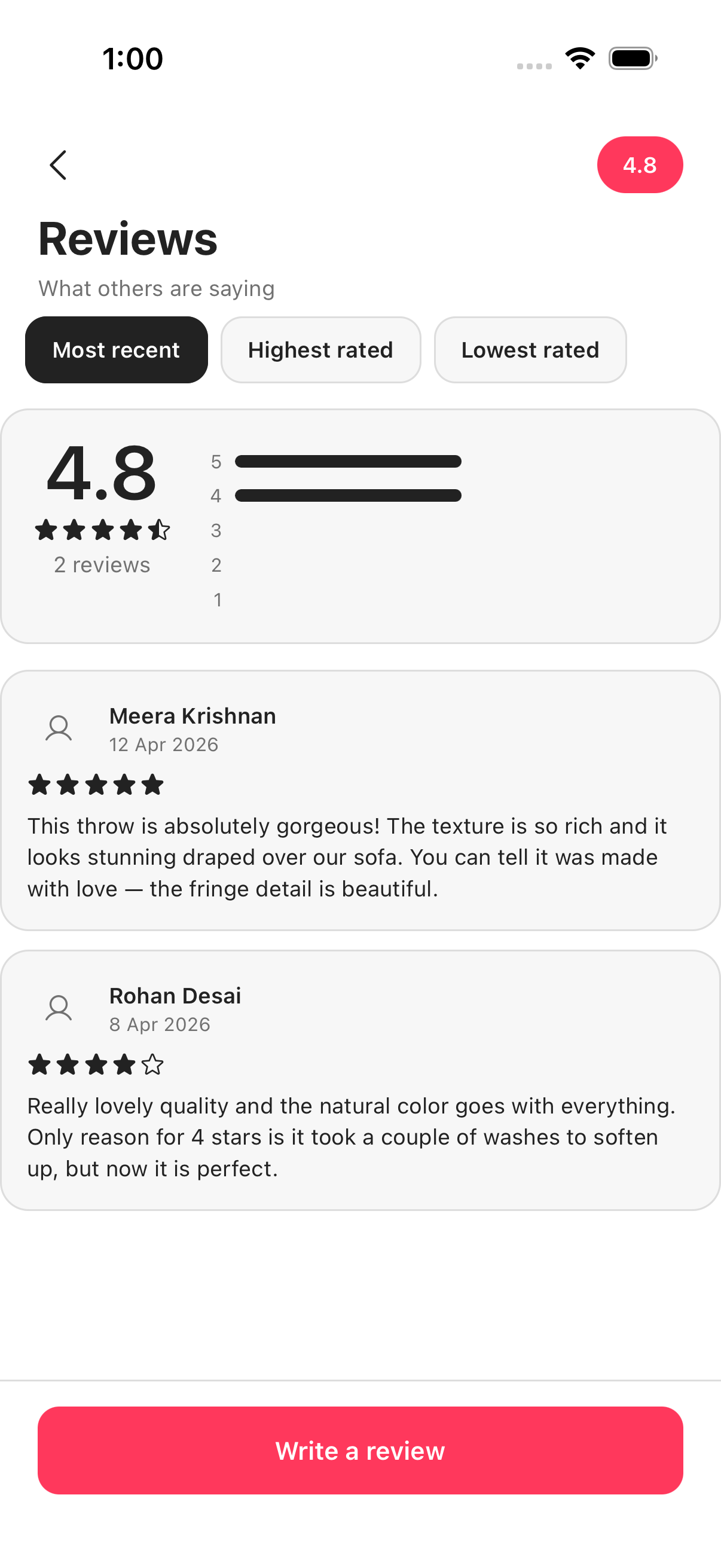 Warmth reviews screen
